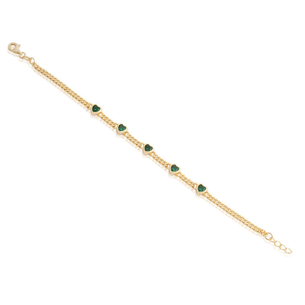 Five Emerald Bezel Hearts Cuban Chain Bracelet in Yellow Gold