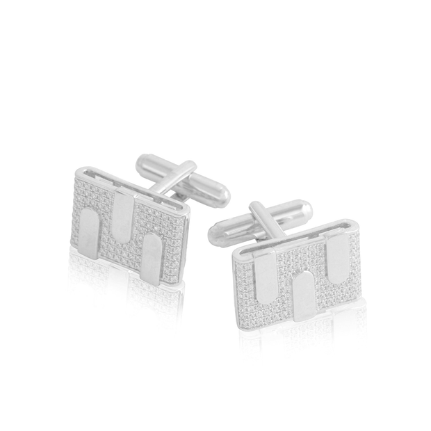 Rectangular CZ Polished Lines Cufflinks in White Gold