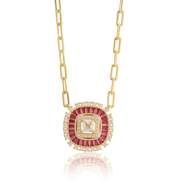 Baguette Square CZ Ruby Pendant on Paperclip Chain in Yellow Gold