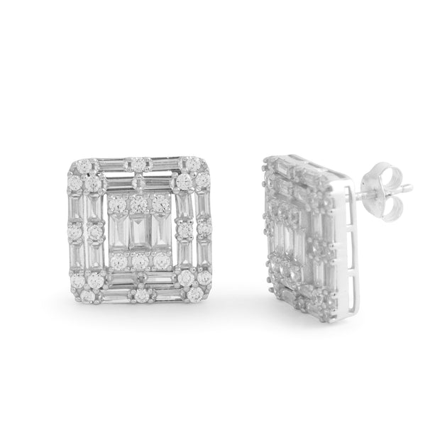 Square Baguette Layered Studs in White Gold