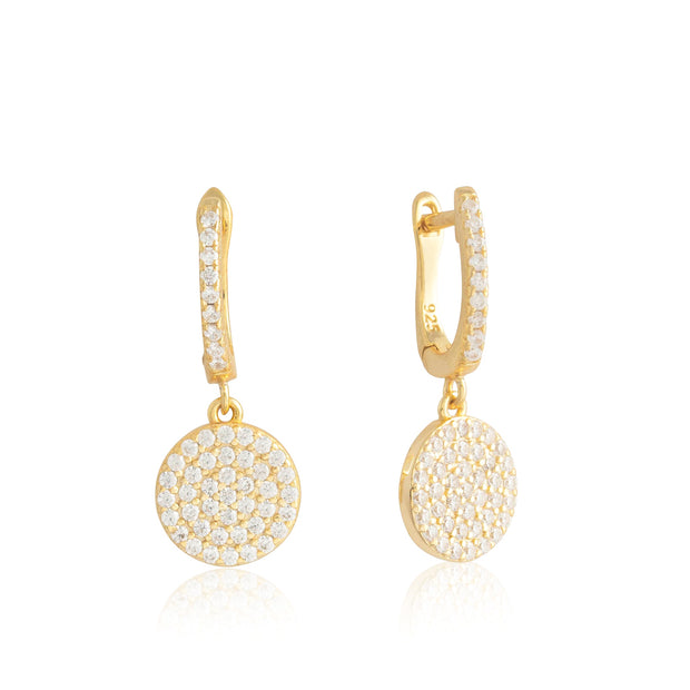 Pave Circle CZ Latch Earring in Yellow Gold
