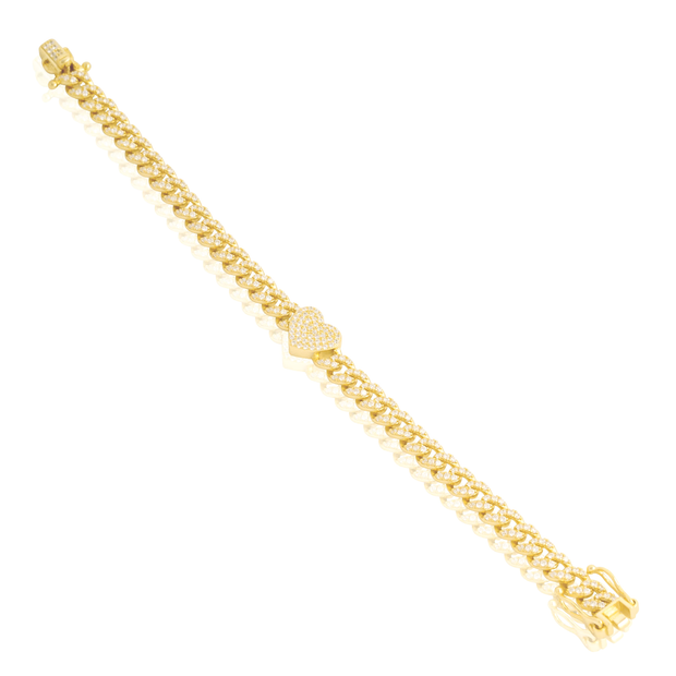 CZ Cuban Link & Pave Heart Bracelet in Yellow Gold