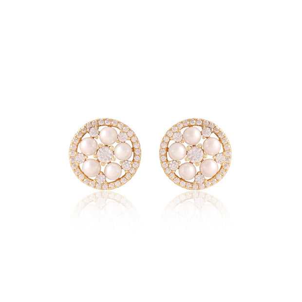 Mini Pearl & CZ Cluster Round Studs in Yellow Gold