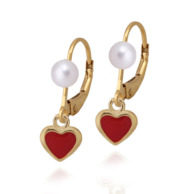 Red Enamel Heart Pearl Lever Earrings