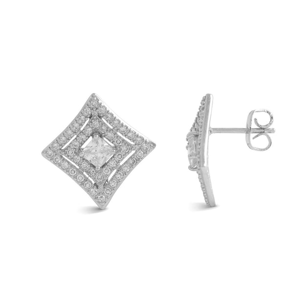 Square CZ Double Halo Waved Stud in White Gold