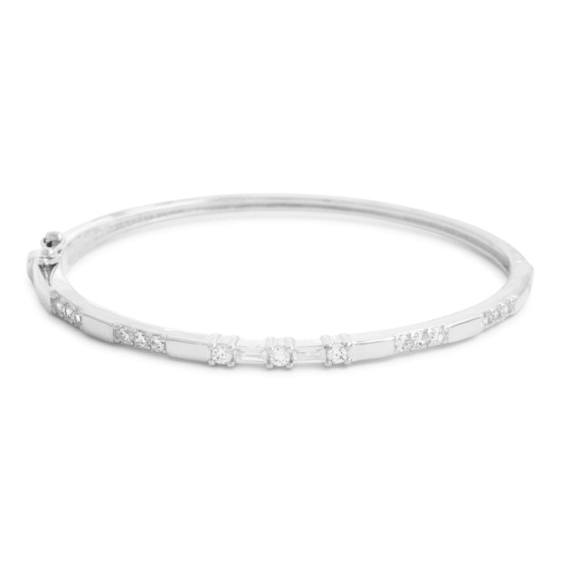 Polished CZ Baguette Studded Bangle in White Gold