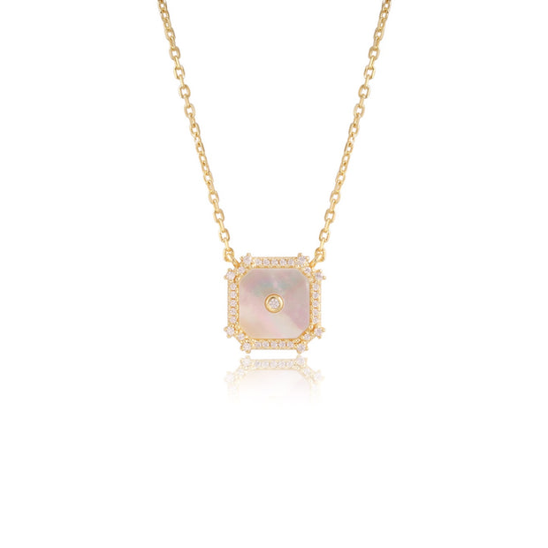 Mother of Pearl Square CZ Pendant in Yellow Gold