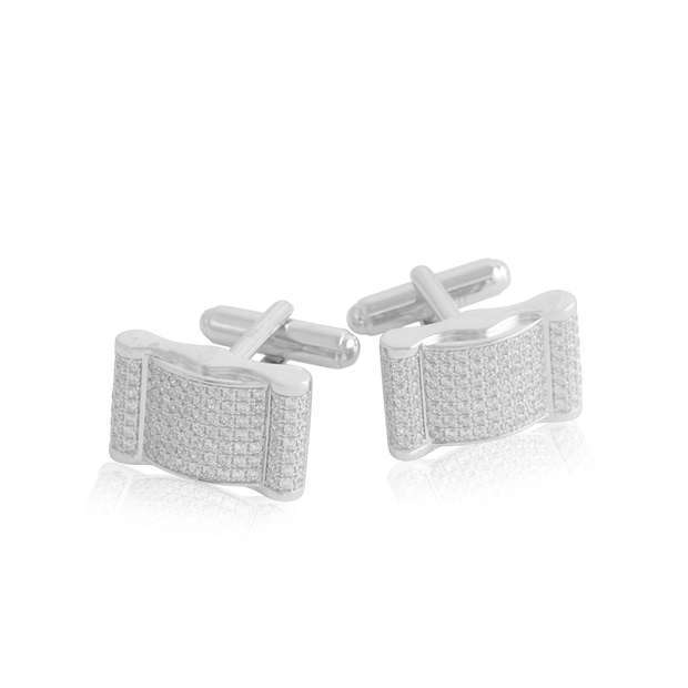 Rippled CZ Rectangle Cufflinks in White Gold