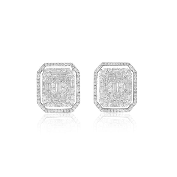 Rectangle CZ & Baguette Halo Oversized Studs in White Gold