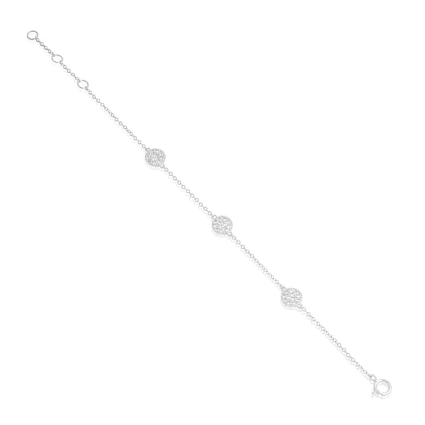 Delicate Three Pave Circles Paperclip Bracelet in White Gold