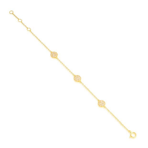 Delicate Three Pave Circles Paperclip Bracelet in Yellow Gold