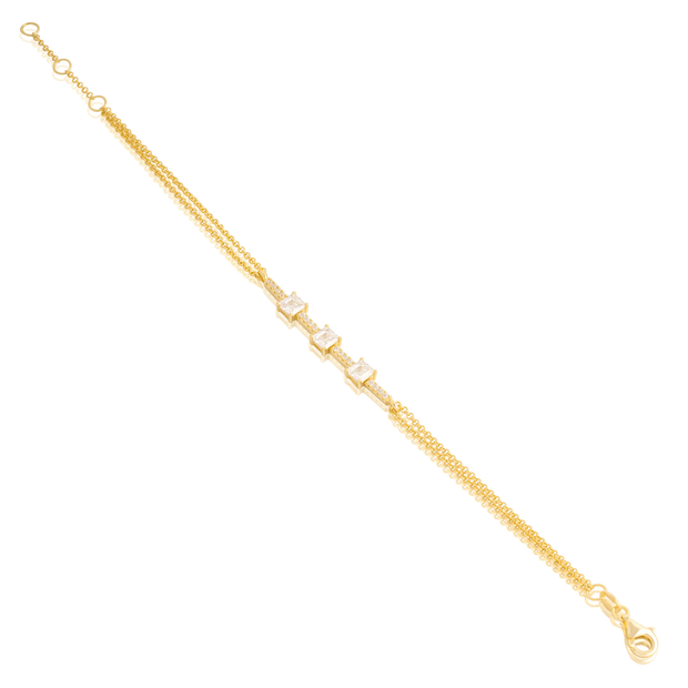 Square CZ & Bar Double Chain Bracelet in Yellow Gold