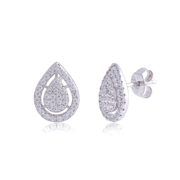 Pave Teardrop Halo Studs in White Gold
