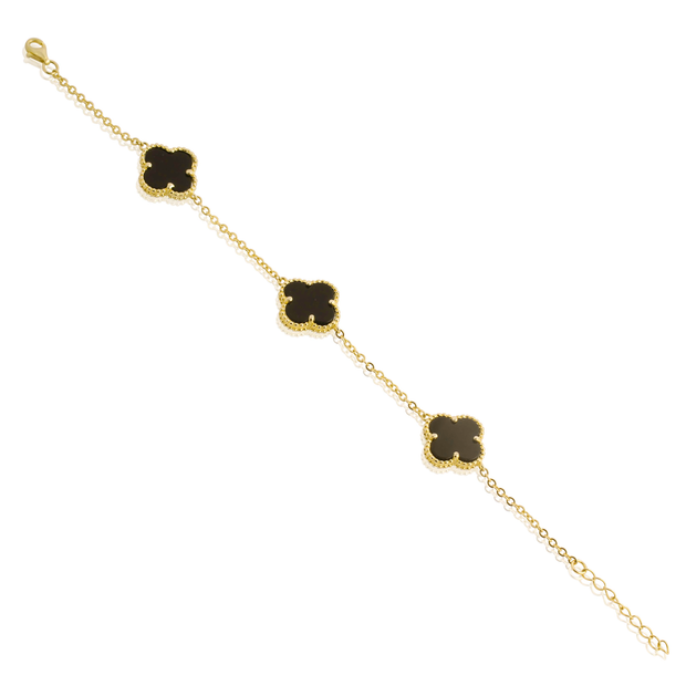 Three Onyx Medium Clover Bracelet in Yellow Gold
