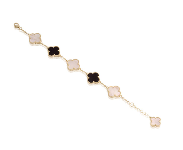 Five Onyx & Mother of Pearl Medium Clover Bracelet in Yellow Gold