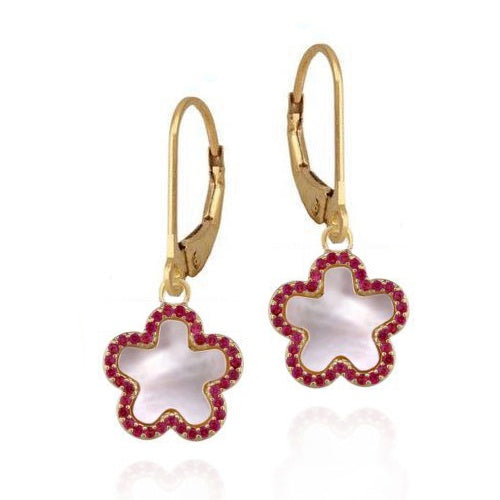 Medium Mother of Pearl Pink CZ Border Clover Lever Earring