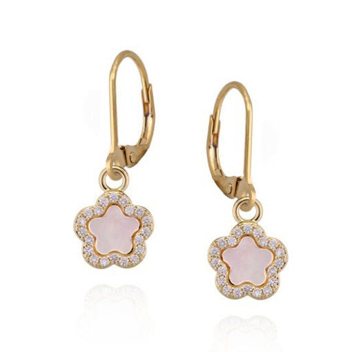 Small Mother of Pearl CZ Border Clover Lever Back Earrings