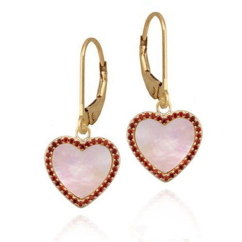 Large Mother of Pearl Red CZ Heart Lever Earrings