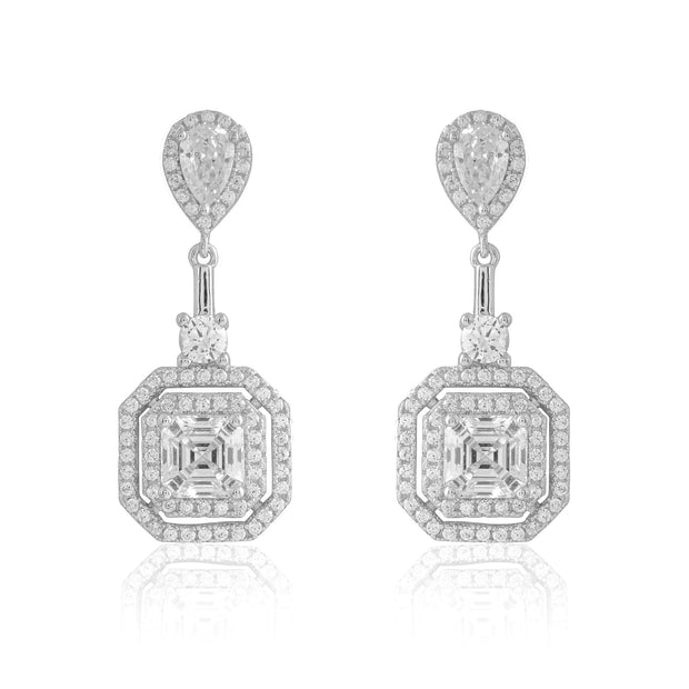 Teardrop Top CZ Design Halo Square Drop Earring in White Gold
