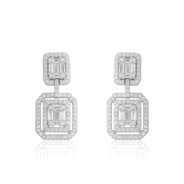 Double Square Baguette Drop Earring in White Gold