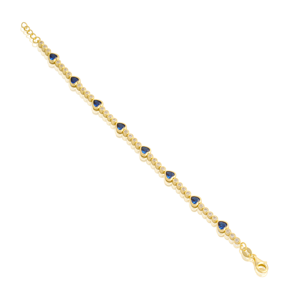 Bezel CZ Circles & Sapphire Hearts Bracelet in Yellow Gold