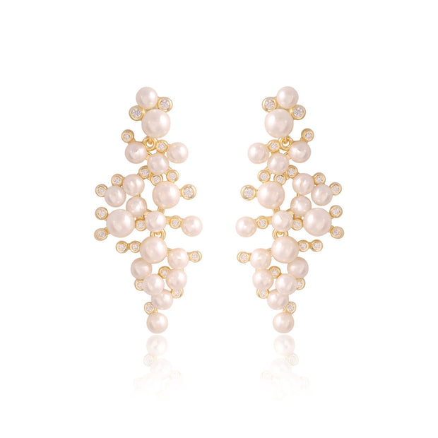 Petite Pearls & CZ Vine Earrings in Yellow Gold