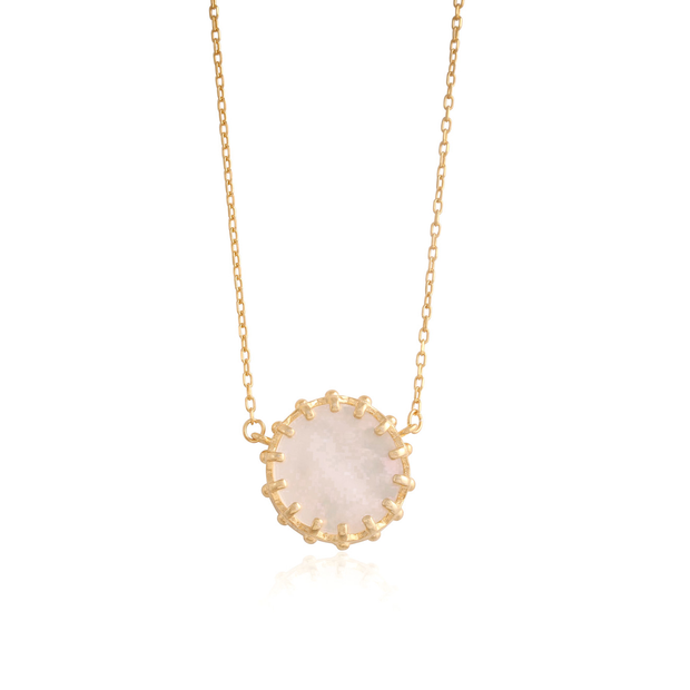 Pronged Mother of Pearl Disc Pendant in Yellow Gold