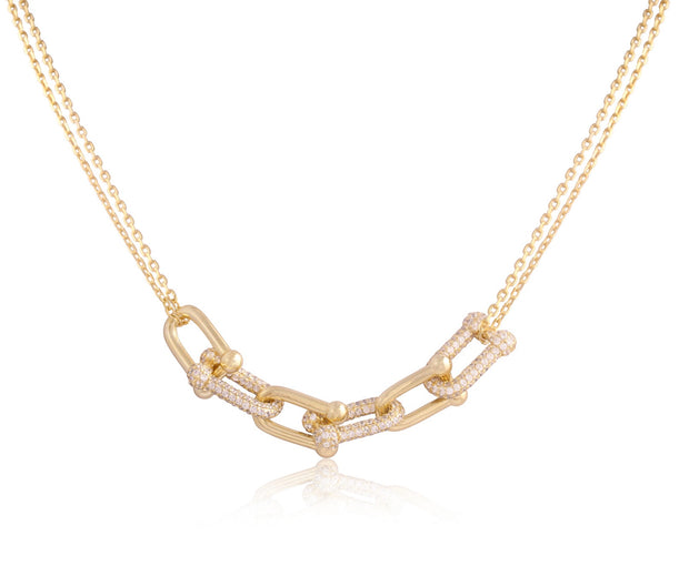 Polished & Pave U Link Double Chain Necklace in Yellow Gold