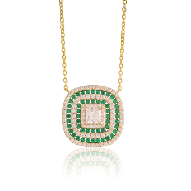 Emerald & CZ Layered Square Pendant in Yellow Gold