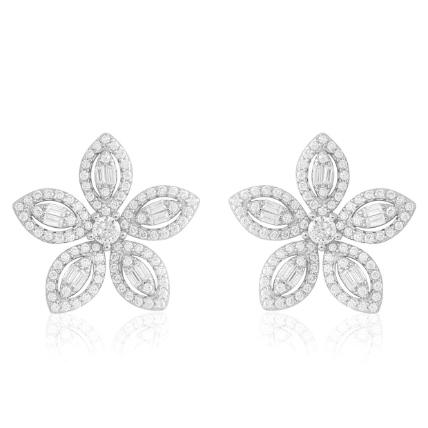 Pointed Five Petal Flower CZ Studs in White Gold