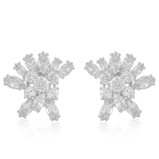 Fashionable CZ Cluster Studs in White Gold