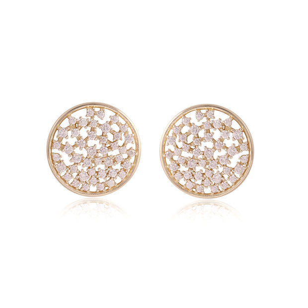 Airy CZ Cluster Polished Border Round Studs in Yellow Gold