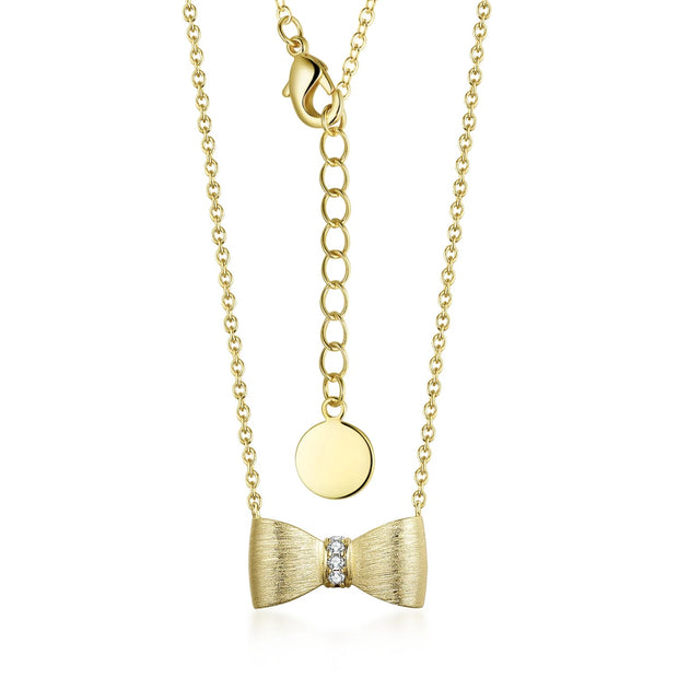 Sweet Brushed CZ Bow Necklace in Yellow Gold