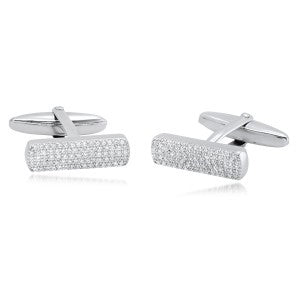 White Gold Thin CZ Pave Rectangle Cuff-Links