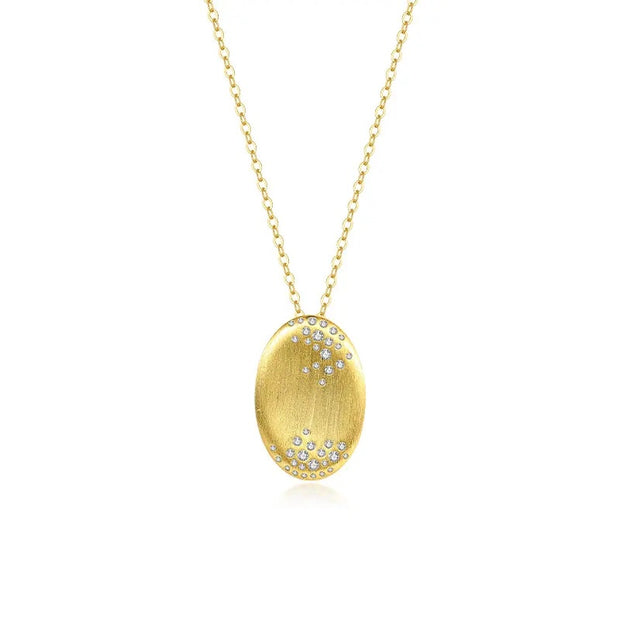 Oval Brushed Scattered CZ Pendant in Yellow Gold